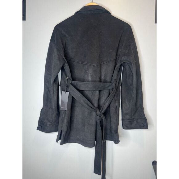 Forever 21 sz MEDIUM faux suede trench coat jacket BLACK belted button wrap NWT - Picture 4 of 4